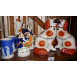 Pair of Staffordshire mantle spaniels, two flatback figural groups, and antique Wedgwood