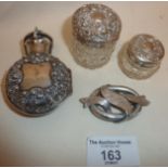 Two small sterling silver topped cut glass jars, a Victorian engraved silver brooch and a hallmarked