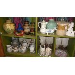 Japanese egg shell porcelain tea set and pottery vases, etc. (4 shelves)