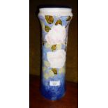 Tall Royal Doulton stoneware vase with tube lined floral decoration by Maud Bowden, 13"