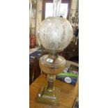 Victorian brass corinthian column oil lamp with glass reservoir and etched shade