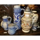 German stoneware Westerwald type steins and jugs x 5 together with a vase