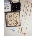 18ct scrap gold ring in old box, other 9ct gold jewellery, earrings and snake necklaces, approx.