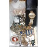 Lot of antique and vintage jewellery, inc. Sekonda wrist watch, Maireener type shells, silver items,