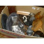 Box of turned wooden items and silver-plate, metalware, etc.