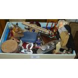 Box containing retro dolls, jewellery, Danish wooden Viking, Art Deco ship cruet set, etc.