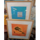 Three abstract works by Ray Goodin, acrylic and metallics on paper, signed mounted and framed in
