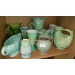 Art Deco Burleigh pottery jug, a Shelley vase, a Poole green pottery two handled pot, a Wade jug,