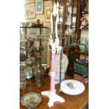 Victorian pillar shop scales with ceramic and iron centre column, brass pan weights and transfer