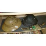 Army tin helmet, cardboard pith helmet c. WW2, a large tourist Jambiya in decorative scabbard