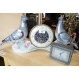 Kitsch lustre china mantle clock, the movement being flanked by two pigeons and another small Art