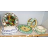 Majolica corn on the cob dish, large similar plate, another and two Royal Worcester tureens