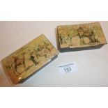 Pair of antique papier mache table snuff boxes, with transfer printed circus scenes, depicting