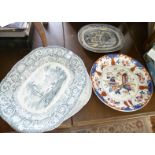 Victorian Staffordshire blue and white transfer printed meat platters (3) and a large round plate