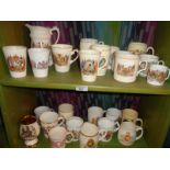 Two shelves of commemorative mugs and beakers