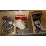 Box containing interesting old items, metalware and brassware, inc. badges, escutcheons, tooth,