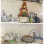 Two shelves of assorted china and pottery including Price of Kensington, chicken etc