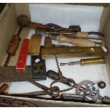 Assorted old woodworking tools and a blow lamp