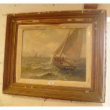 Victorian oil on canvas of fishermen hauling long lines in rough seas, 22" x 27" inc. gilt frame