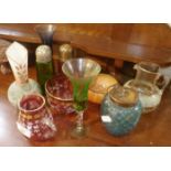 Painted cranberry glass bowl and jug, jam pot, sugar sifters and other Edwardian glass