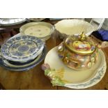 Victorian blue and white transfer printed warming plate, hand painted china tureen and other china