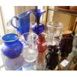 Collection of 8 glass vases and jugs, inc. Bristol blue, ruby and cranberry and an unusual 19th c.