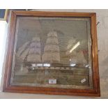 19th c. sailor's woolwork picture of frigate in a maple frame, 18" x 19"