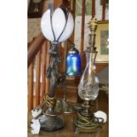 Two Art Nouveau-style desk lamps and a cut glass table lamp