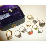 Box of various rings, some antique, some silver and set with opals etc.