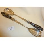 Pair of silver-plated salad servers with Doulton Lambeth ceramic handles