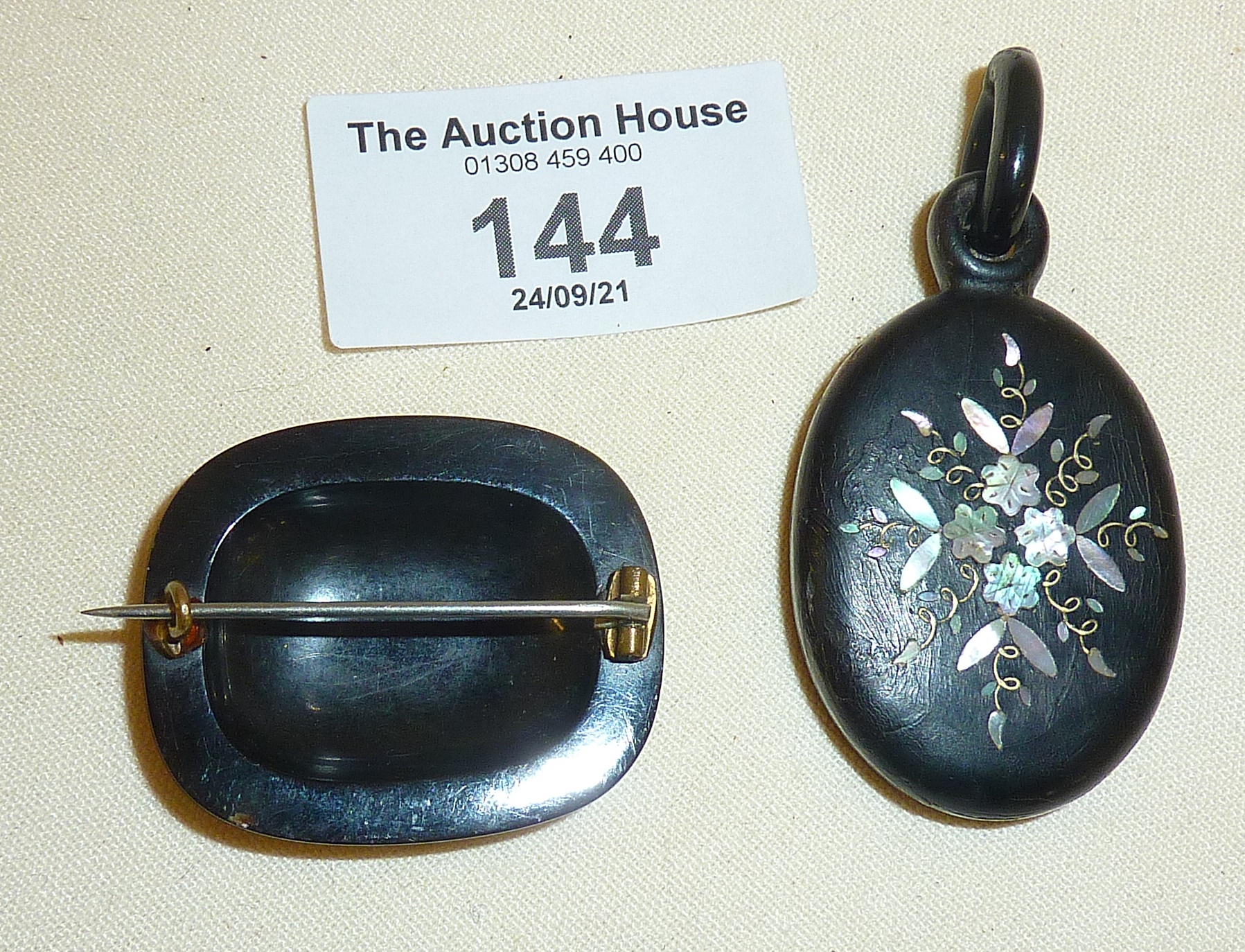 Victorian jet mourning pendant inlaid with mother of pearl, and a tortoiseshell brooch with fine - Image 2 of 2