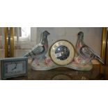 Kitsch lustre china mantle clock, the movement being flanked by two pigeons and another small Art