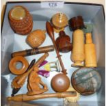 Treen domestic ware, inc. pastry cutters, dice shaker, boxes, needle case and a figural netsuke