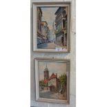 Pair of small oils on board of continental town scenes, signed W. Finney