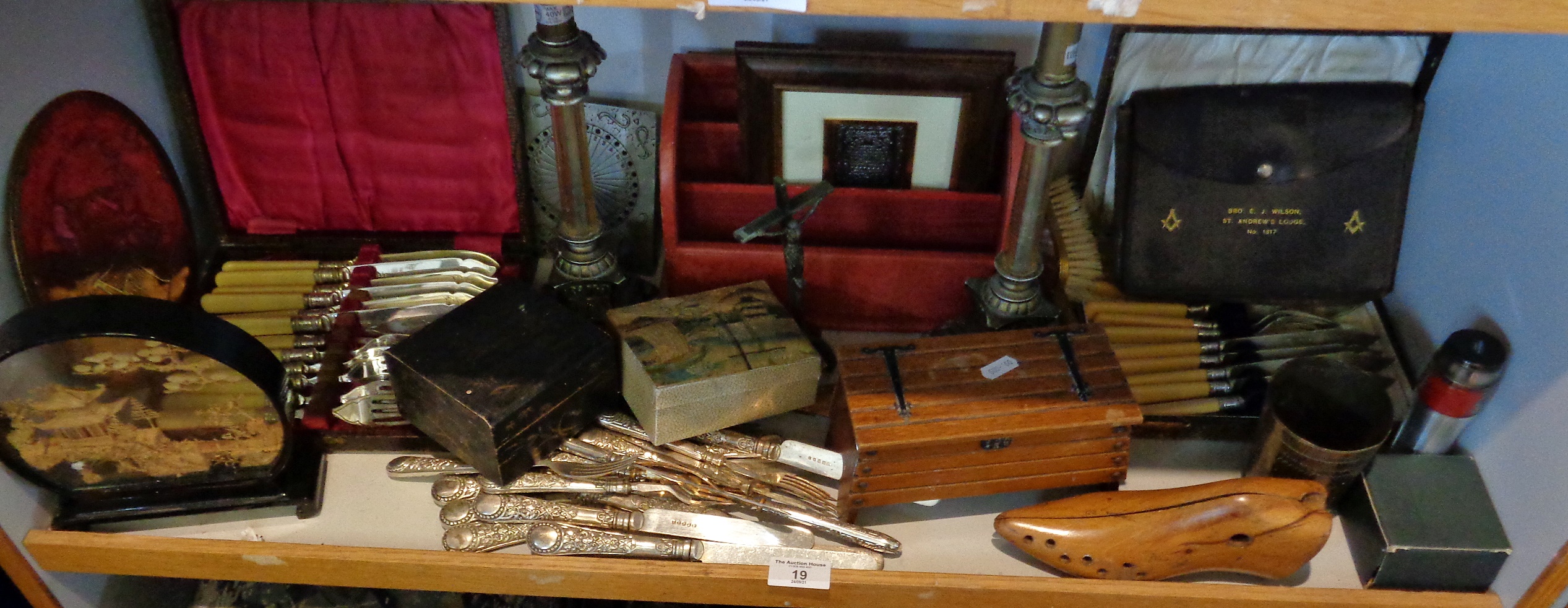 Miscellaneous items, inc. cutlery, brass lamp bases and boxes etc.