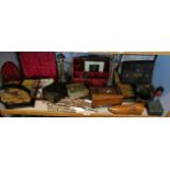 Miscellaneous items, inc. cutlery, brass lamp bases and boxes etc.