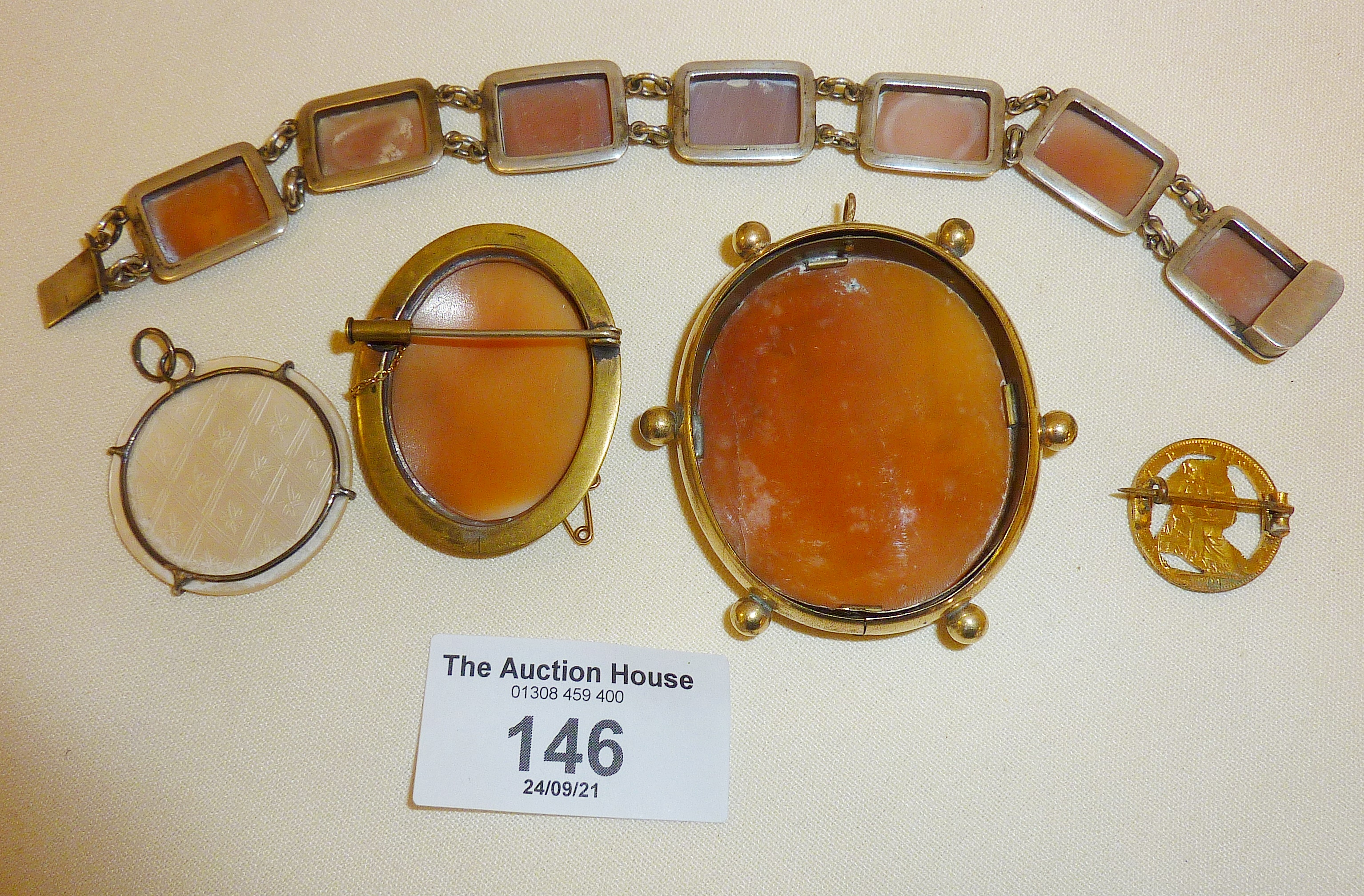 Fine Victorian cameo jewellery, inc. bracelet and brooches. Chinese mother of pearl gaming counter - Image 2 of 2