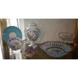 Aynsley china cup and saucer, a similar lidded vase, a quartz geode and two other items