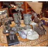 Two bronzes of dogs and two 18th c. pewter goblets with an Inuit carved stone salmon