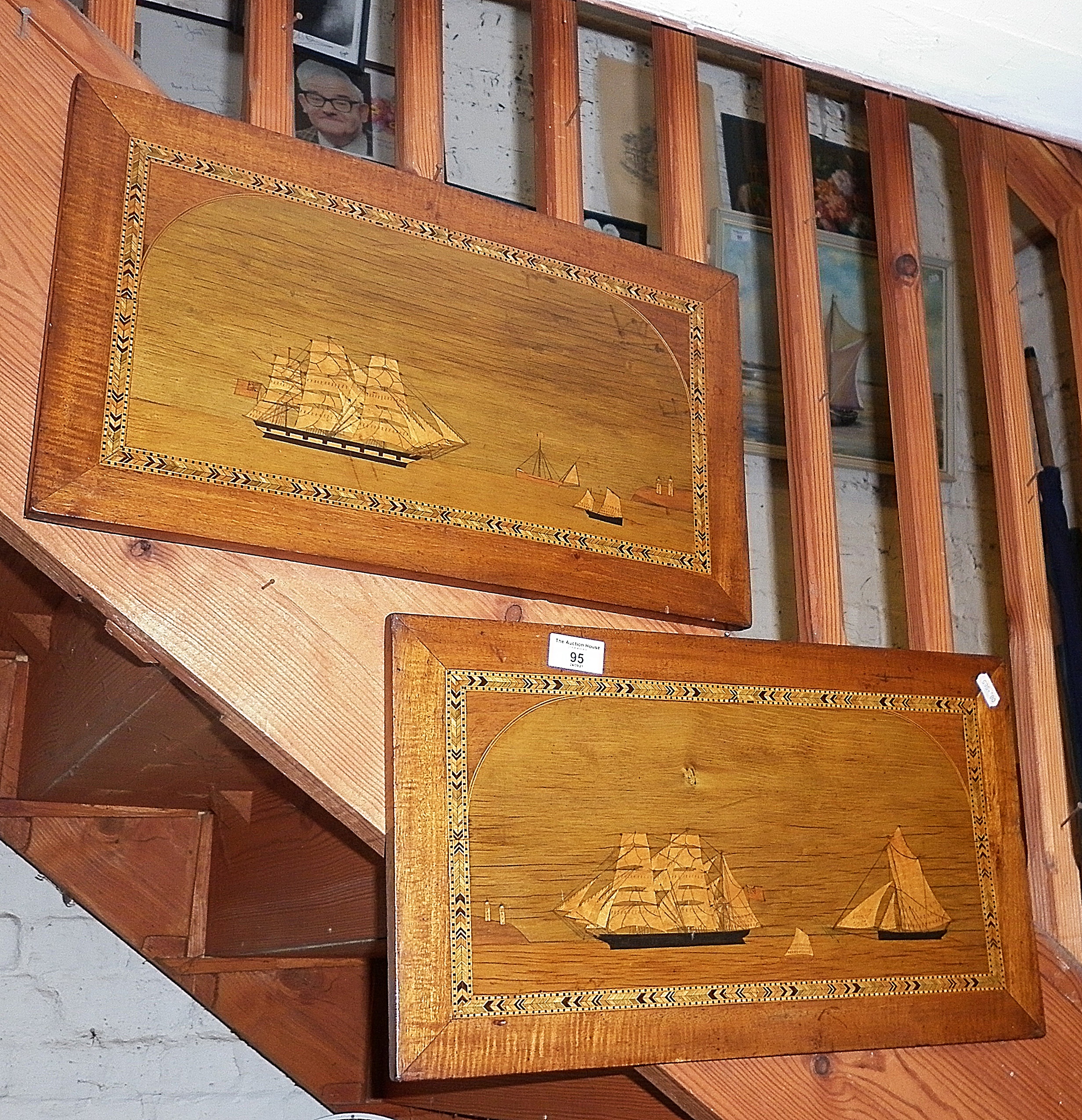 Two Victorian marquetry panels of sailing ships and lighthouses both with Tunbridgeware borders