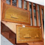 Two Victorian marquetry panels of sailing ships and lighthouses both with Tunbridgeware borders