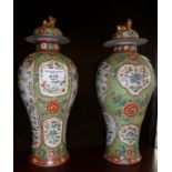 Pair of 19th c. clobbered vases with covers (restoration to rim)