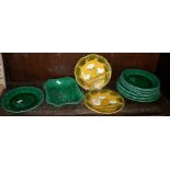 Wedgwood and other majolica green leaf plates inc. pair of Art Nouveau majolica plates with tube