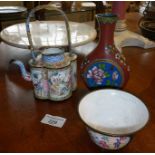 18th c. Chinese enamel teapot, a similar vase and a tea bowl