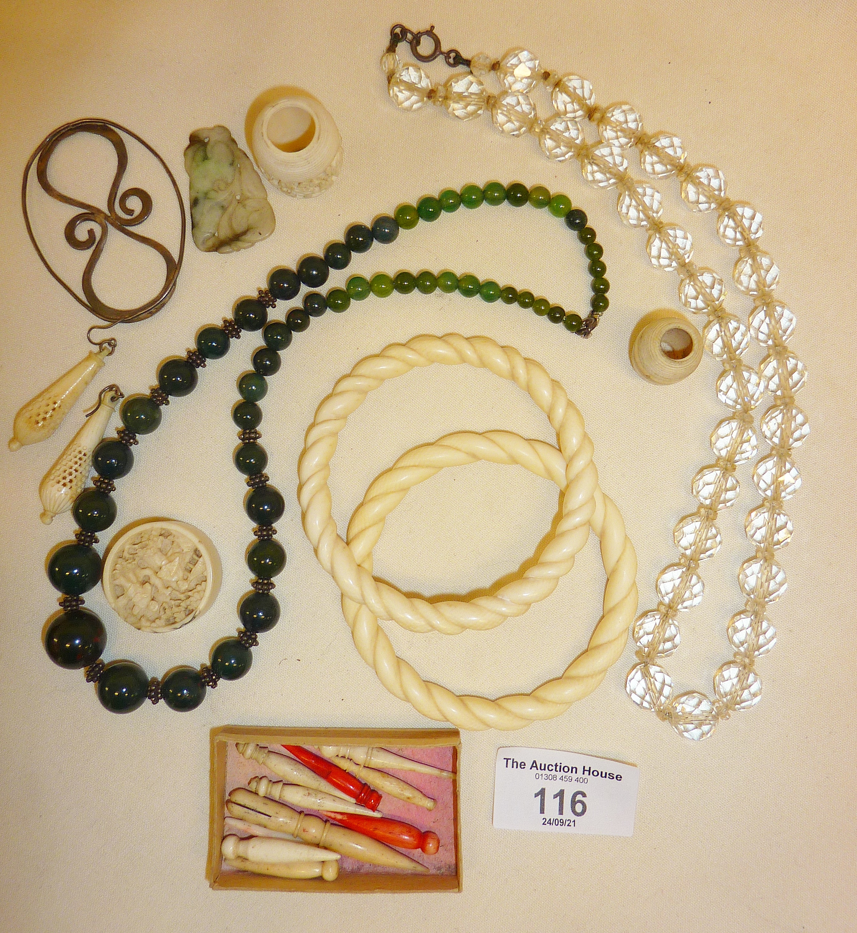 Antique bone earrings, and bangles, crib markers, bloodstone bead necklace, carved Chinese jade