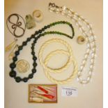 Antique bone earrings, and bangles, crib markers, bloodstone bead necklace, carved Chinese jade