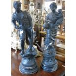 Pair of large Victorian spelter figures of a fisherman with net and a woman with baby