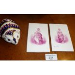 Pair of small 19th c. porcelain panels and a Royal Crown Derby hedgehog