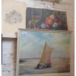 Marine oil on board signed Sylvia Howells, a similar still life with flowers and a pencil sketch