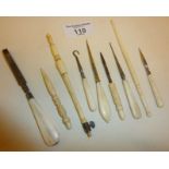 19th c. bone handled sewing and manicure implements or tools